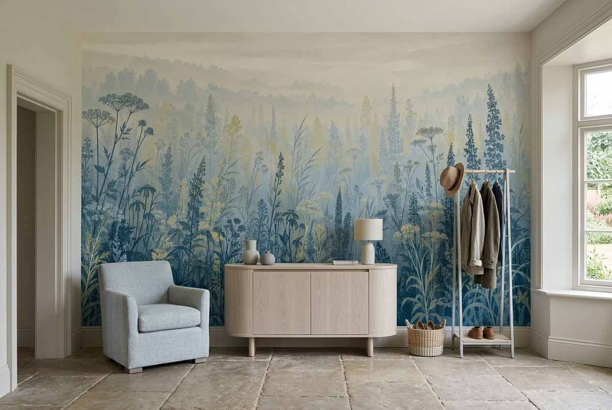 Misty Forest Silhouette Wallpaper Botanical Landscape Wall Mural