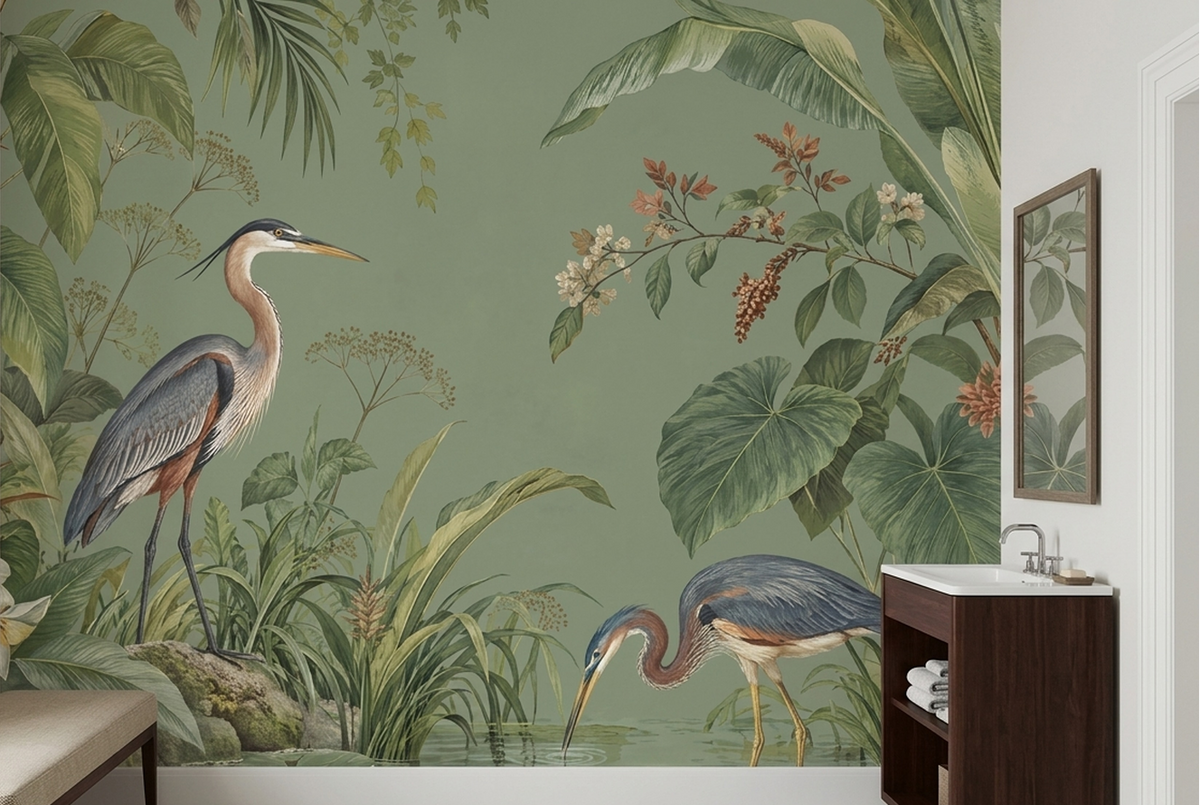 Herons In Tropical Pond Wallpaper Chinoiserie Style Wall Mural
