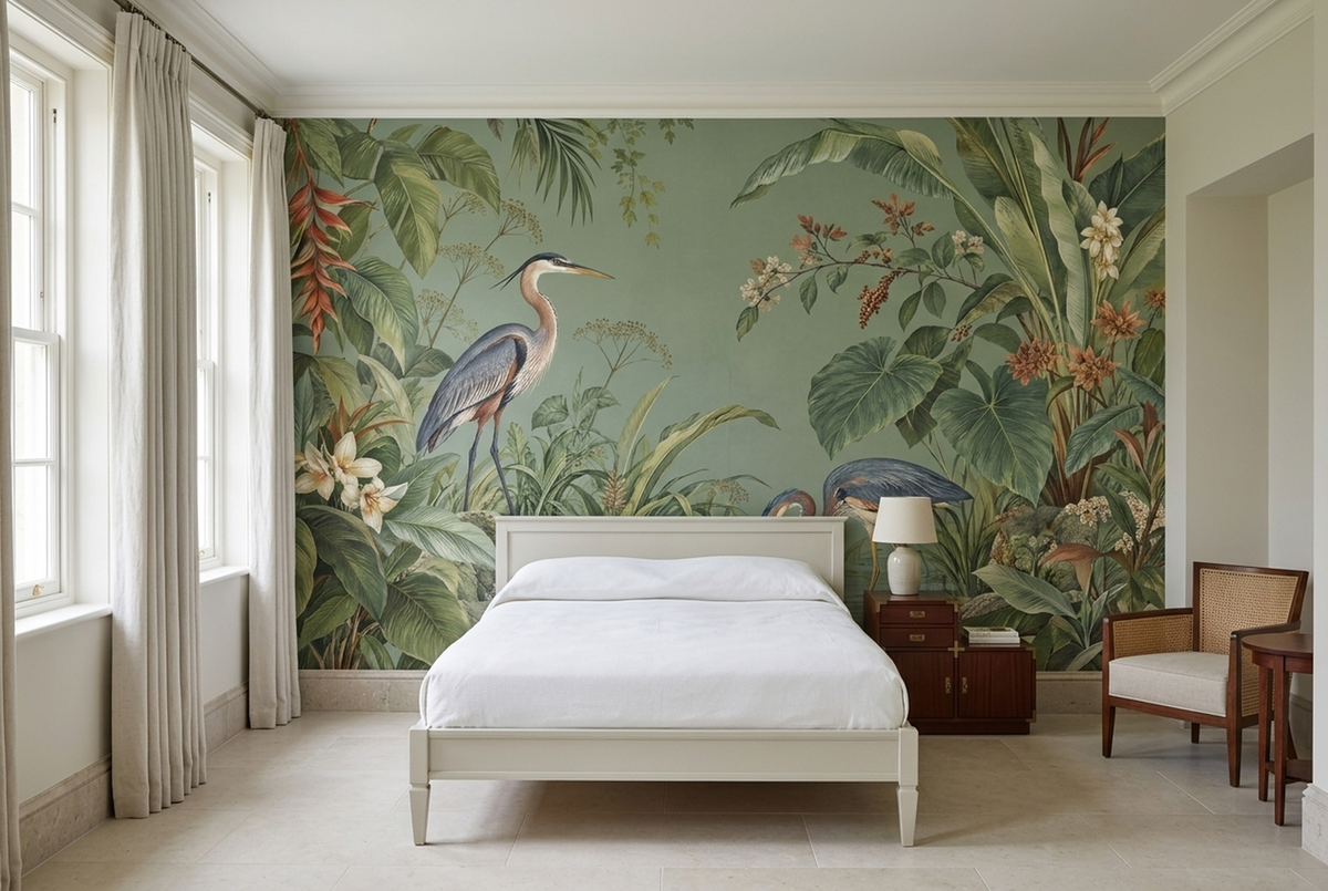 Herons In Tropical Pond Wallpaper Chinoiserie Style Wall Mural