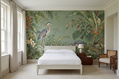 Herons In Tropical Pond Wallpaper Chinoiserie Style Wall Mural