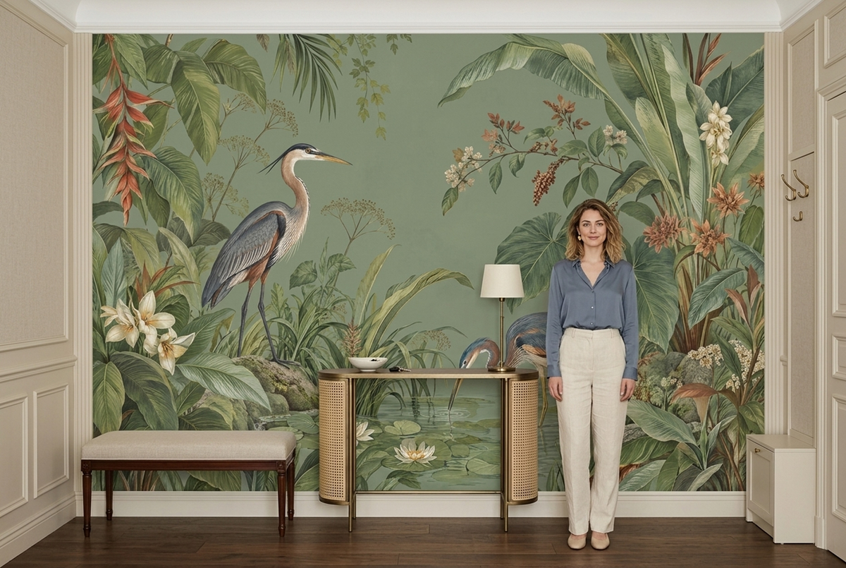Herons In Tropical Pond Wallpaper Chinoiserie Style Wall Mural