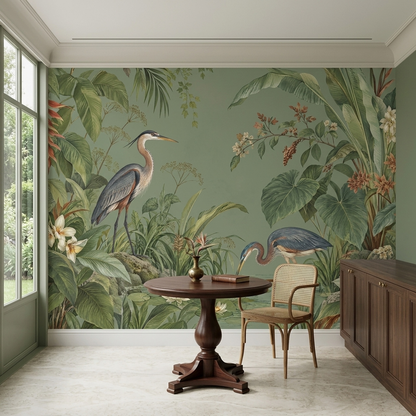 Herons In Tropical Pond Wallpaper Chinoiserie Style Wall Mural