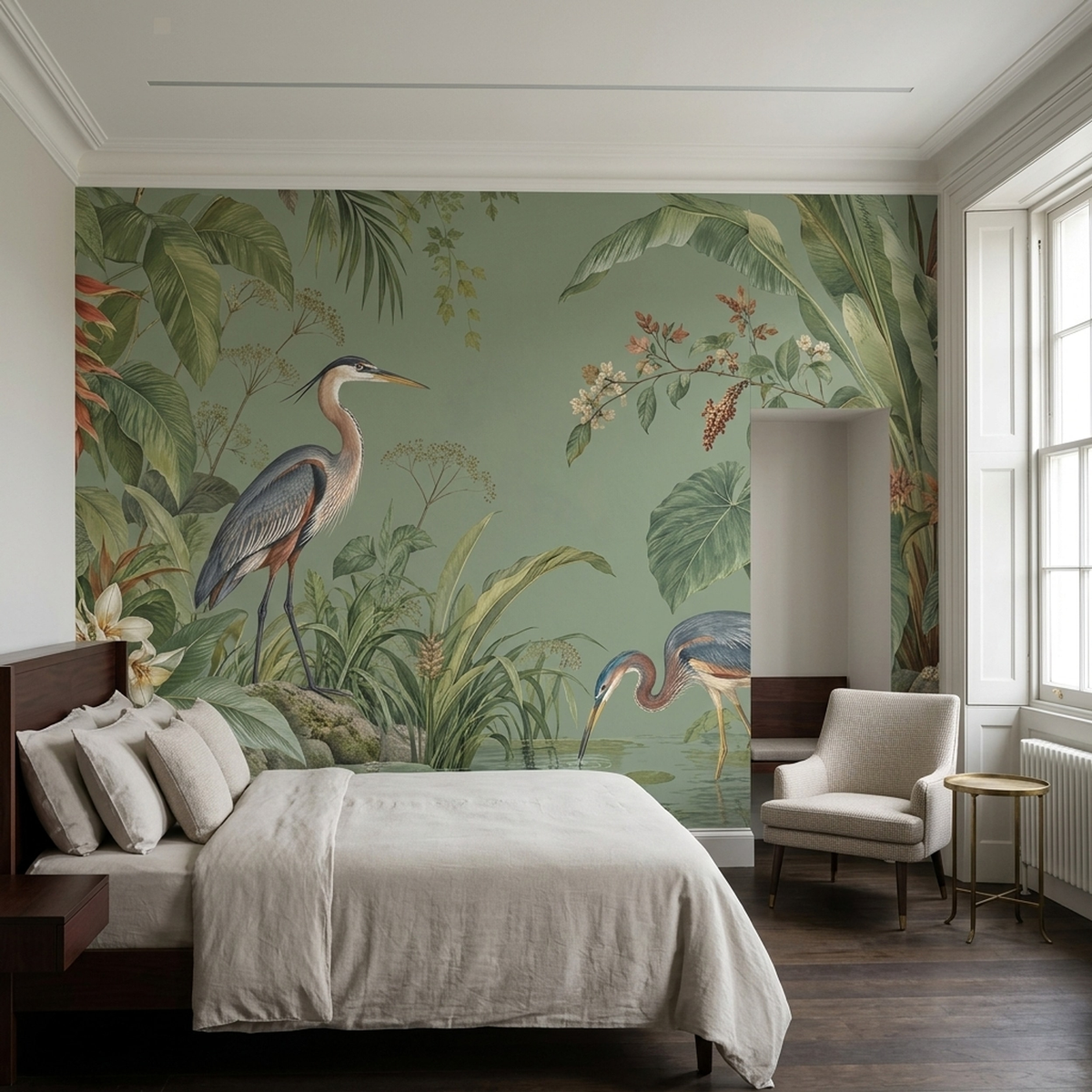 Herons In Tropical Pond Wallpaper Chinoiserie Style Wall Mural