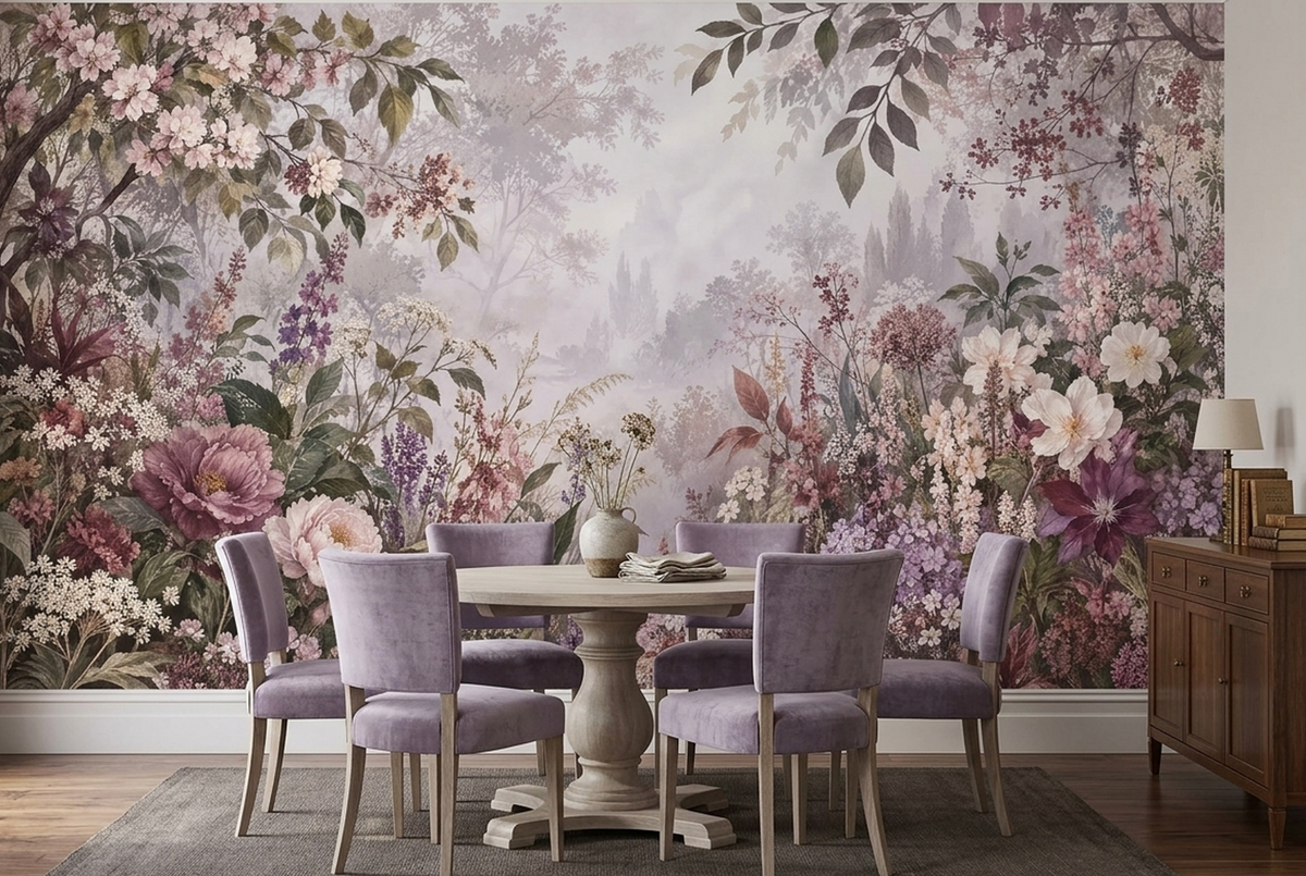 Blush Pink Floral Wallpaper Misty Forest Botanical Wall Mural