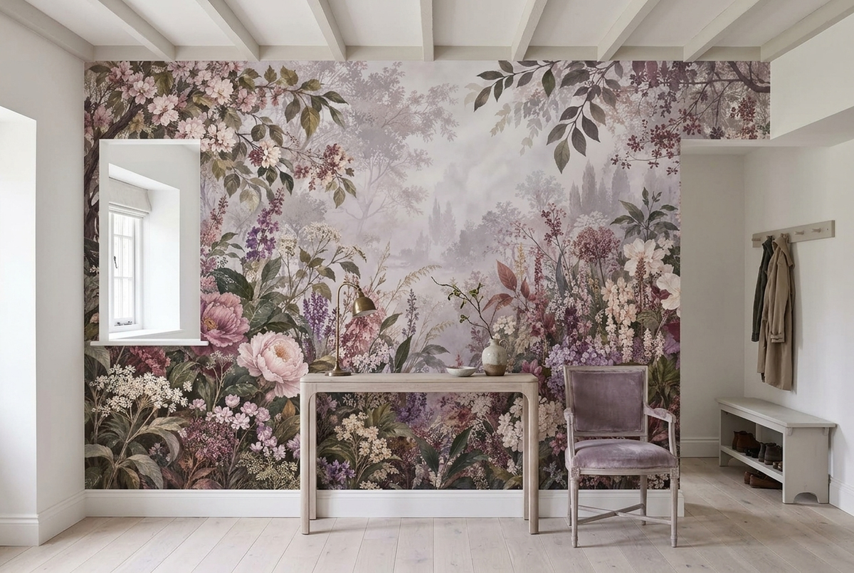 Blush Pink Floral Wallpaper Misty Forest Botanical Wall Mural