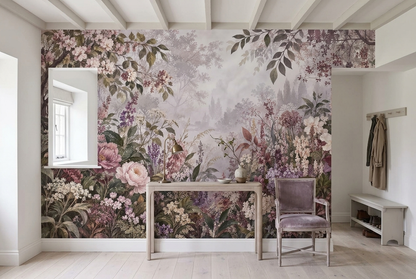 Blush Pink Floral Wallpaper Misty Forest Botanical Wall Mural