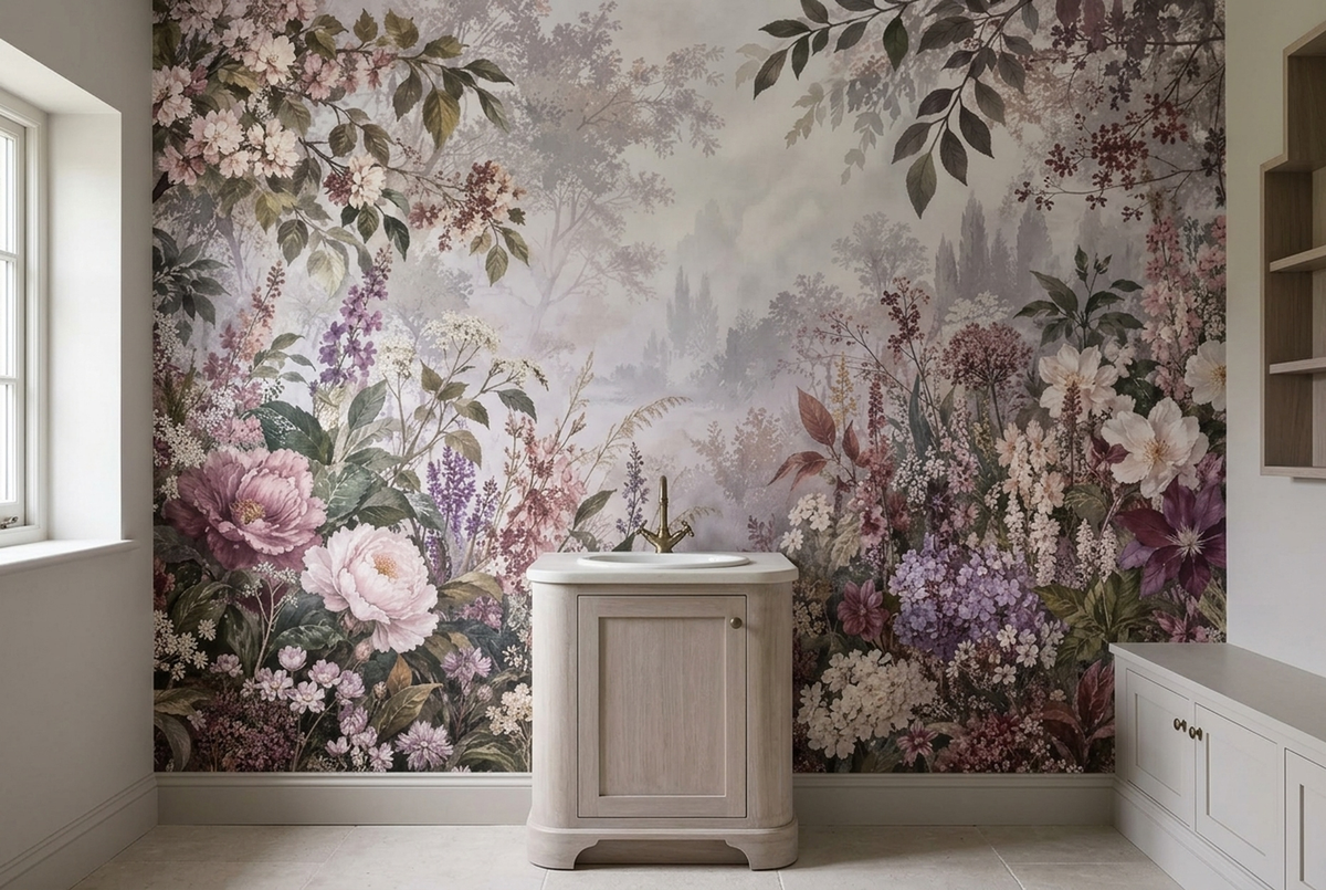 Blush Pink Floral Wallpaper Misty Forest Botanical Wall Mural