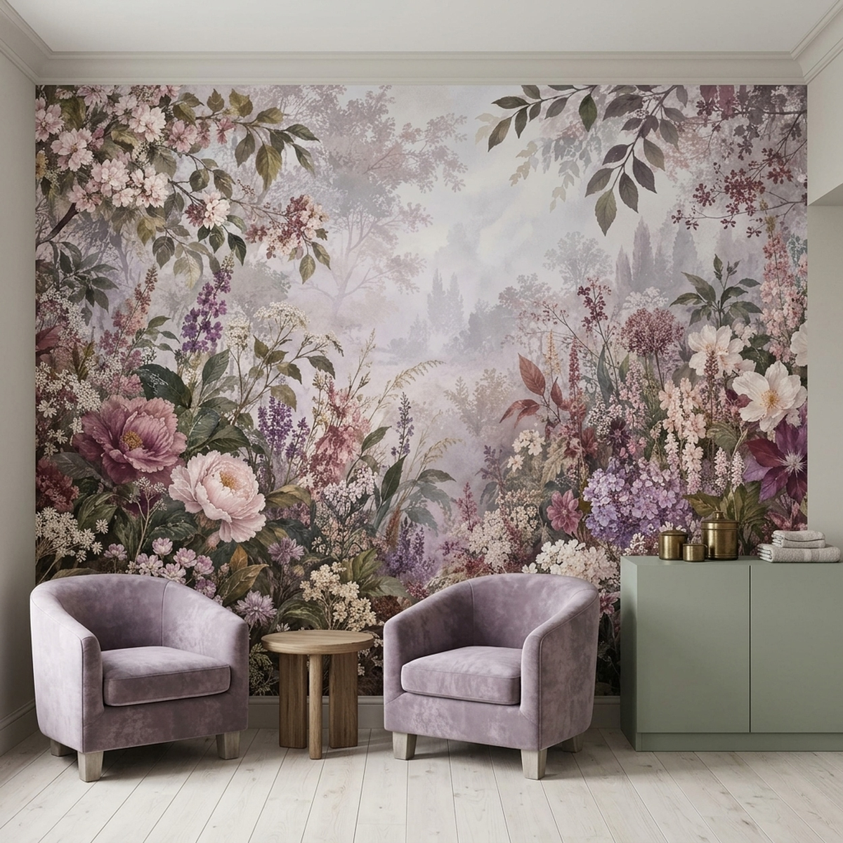 Blush Pink Floral Wallpaper Misty Forest Botanical Wall Mural