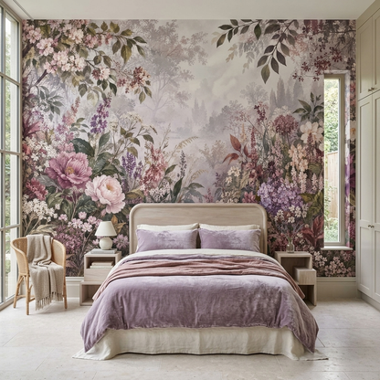 Blush Pink Floral Wallpaper Misty Forest Botanical Wall Mural