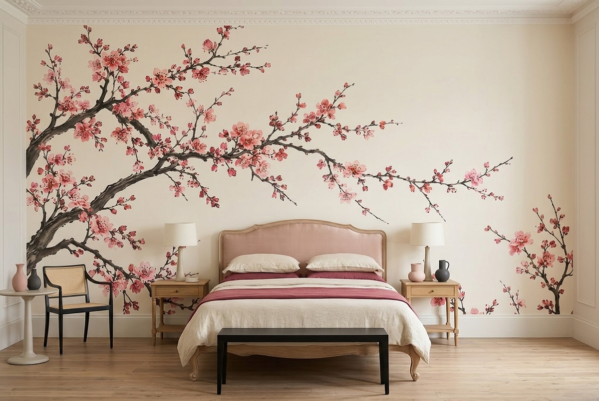 Pink Blossom Canopy Wall Mural in Japanese Ink Painting Style