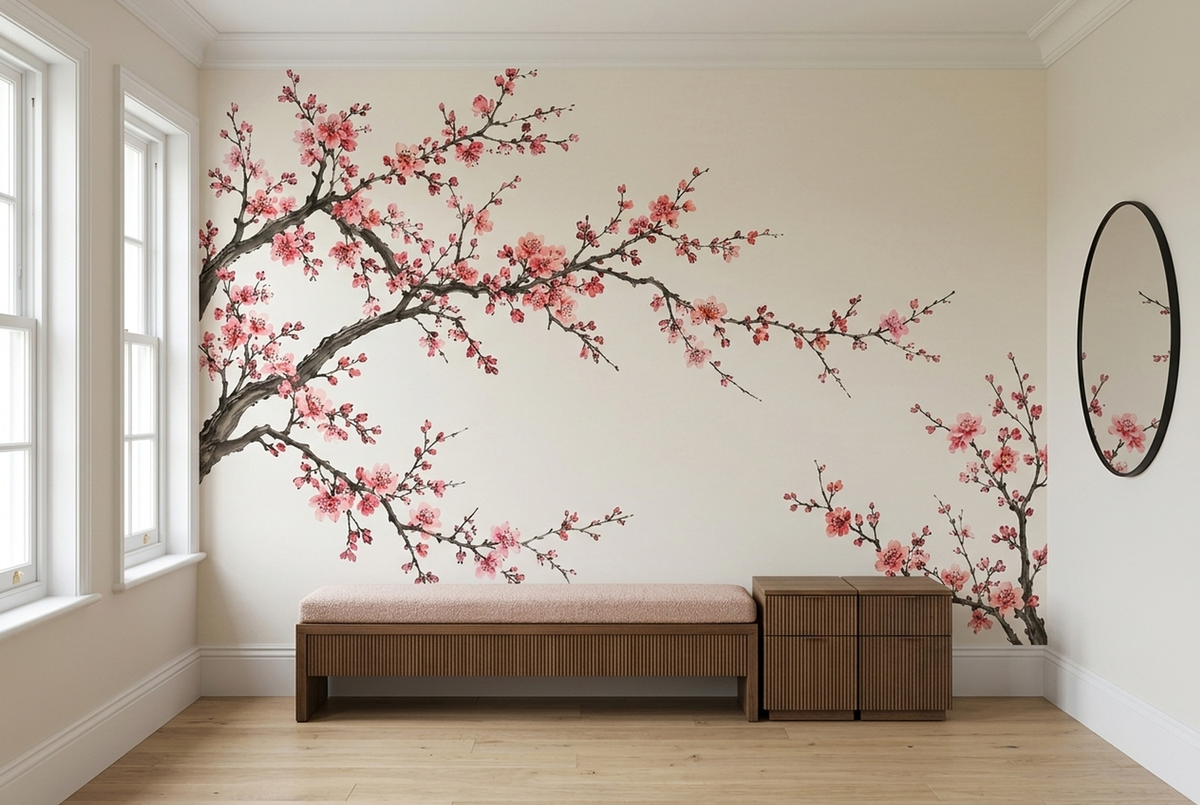 Pink Blossom Canopy Wall Mural in Japanese Ink Painting Style