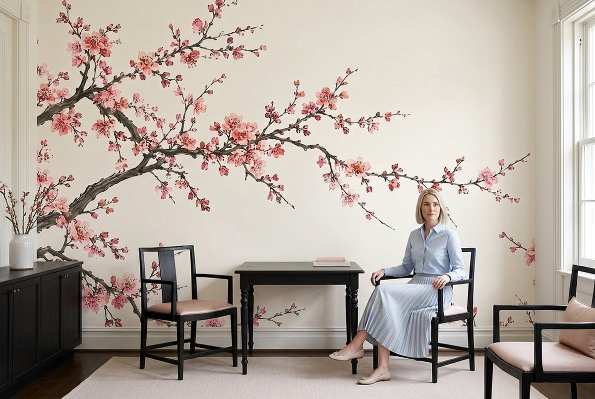 Pink Blossom Canopy Wall Mural in Japanese Ink Painting Style
