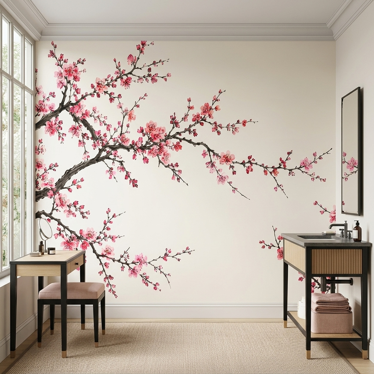 Pink Blossom Canopy Wall Mural in Japanese Ink Painting Style