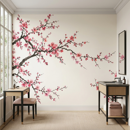 Pink Blossom Canopy Wall Mural in Japanese Ink Painting Style