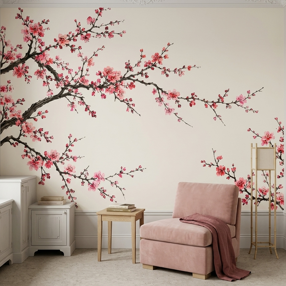 Pink Blossom Canopy Wall Mural in Japanese Ink Painting Style