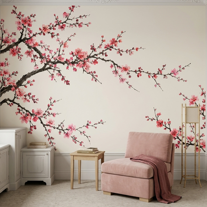 Pink Blossom Canopy Wall Mural in Japanese Ink Painting Style