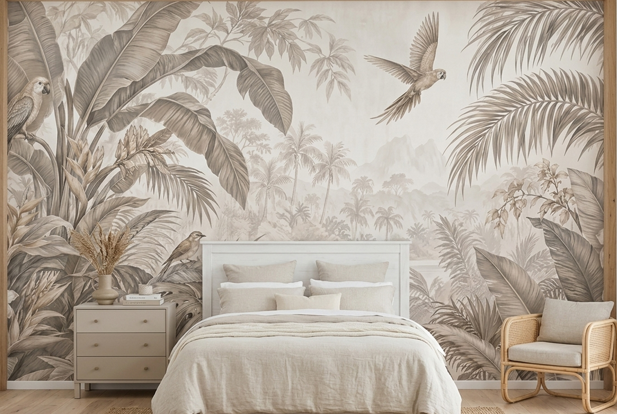 Parrots In Misty Tropical Landscape Wallpaper Neutral Toned Wall Mural