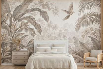Parrots In Misty Tropical Landscape Wallpaper Neutral Toned Wall Mural