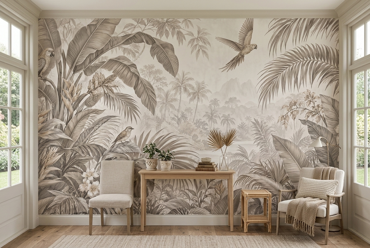 Parrots In Misty Tropical Landscape Wallpaper Neutral Toned Wall Mural