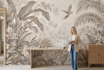 Parrots In Misty Tropical Landscape Wallpaper Neutral Toned Wall Mural