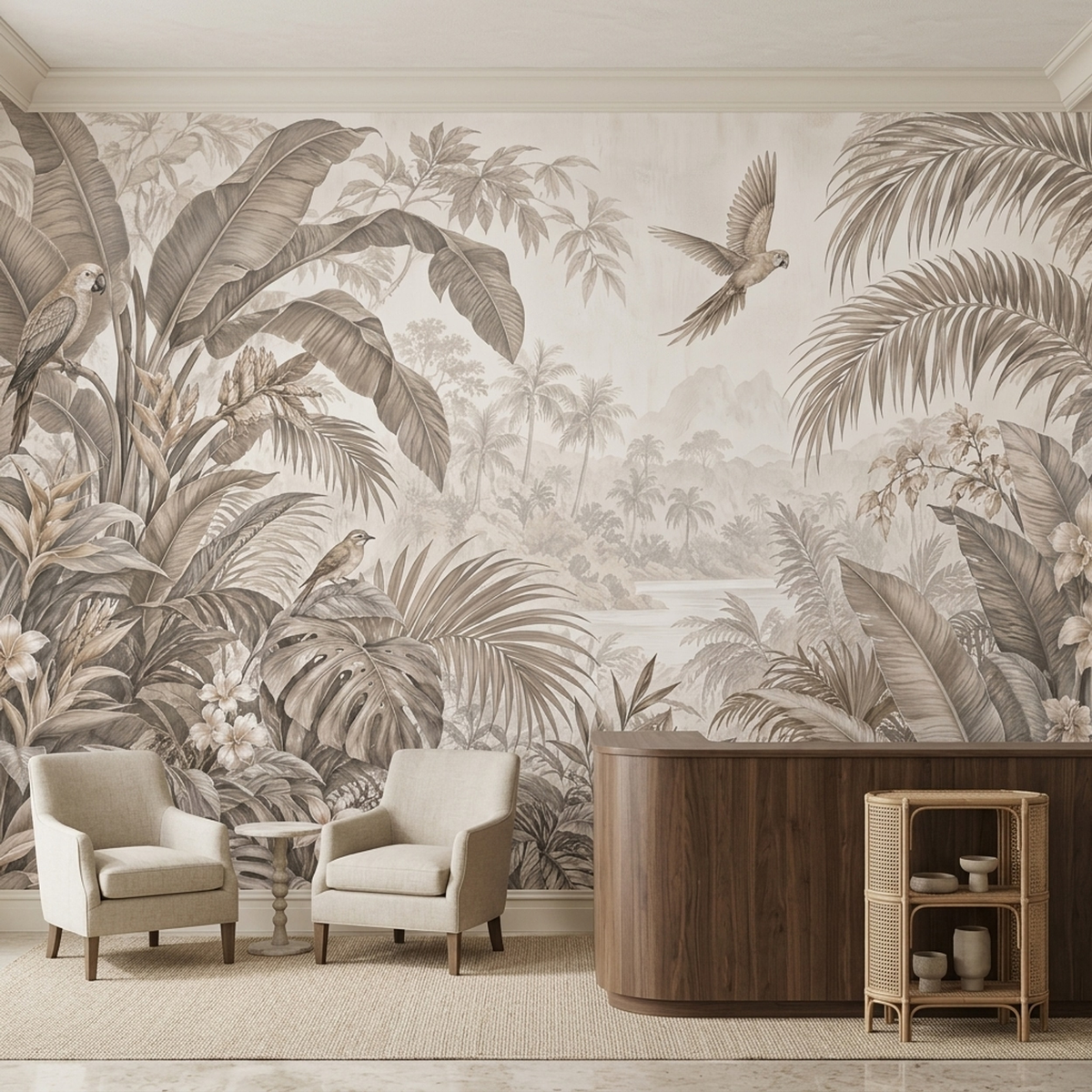Parrots In Misty Tropical Landscape Wallpaper Neutral Toned Wall Mural
