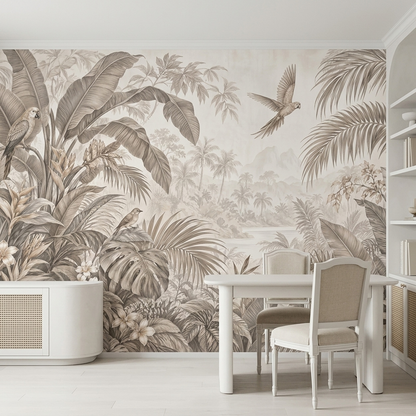 Parrots In Misty Tropical Landscape Wallpaper Neutral Toned Wall Mural
