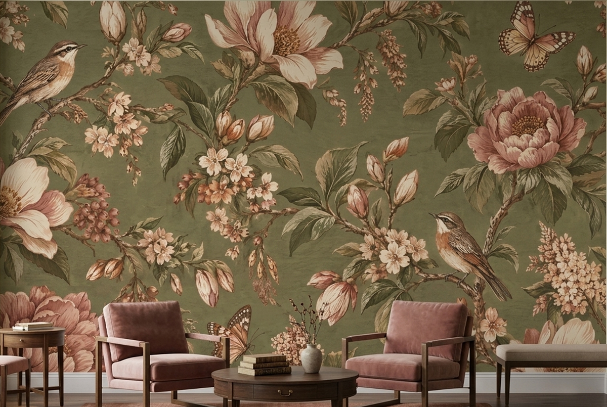 Vintage Songbird Garden Wall Mural with Blush Florals on Olive Green