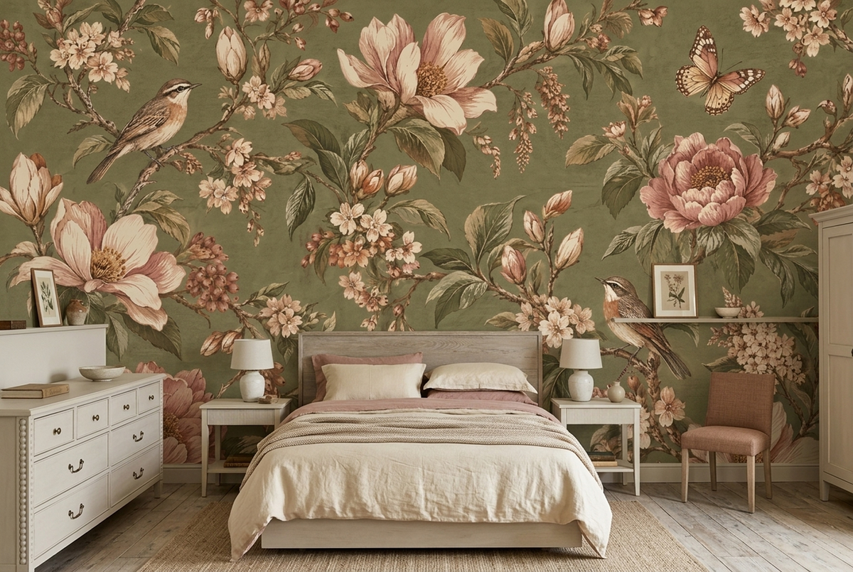 Vintage Songbird Garden Wall Mural with Blush Florals on Olive Green