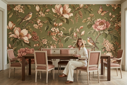 Vintage Songbird Garden Wall Mural with Blush Florals on Olive Green
