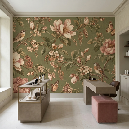 Vintage Songbird Garden Wall Mural with Blush Florals on Olive Green