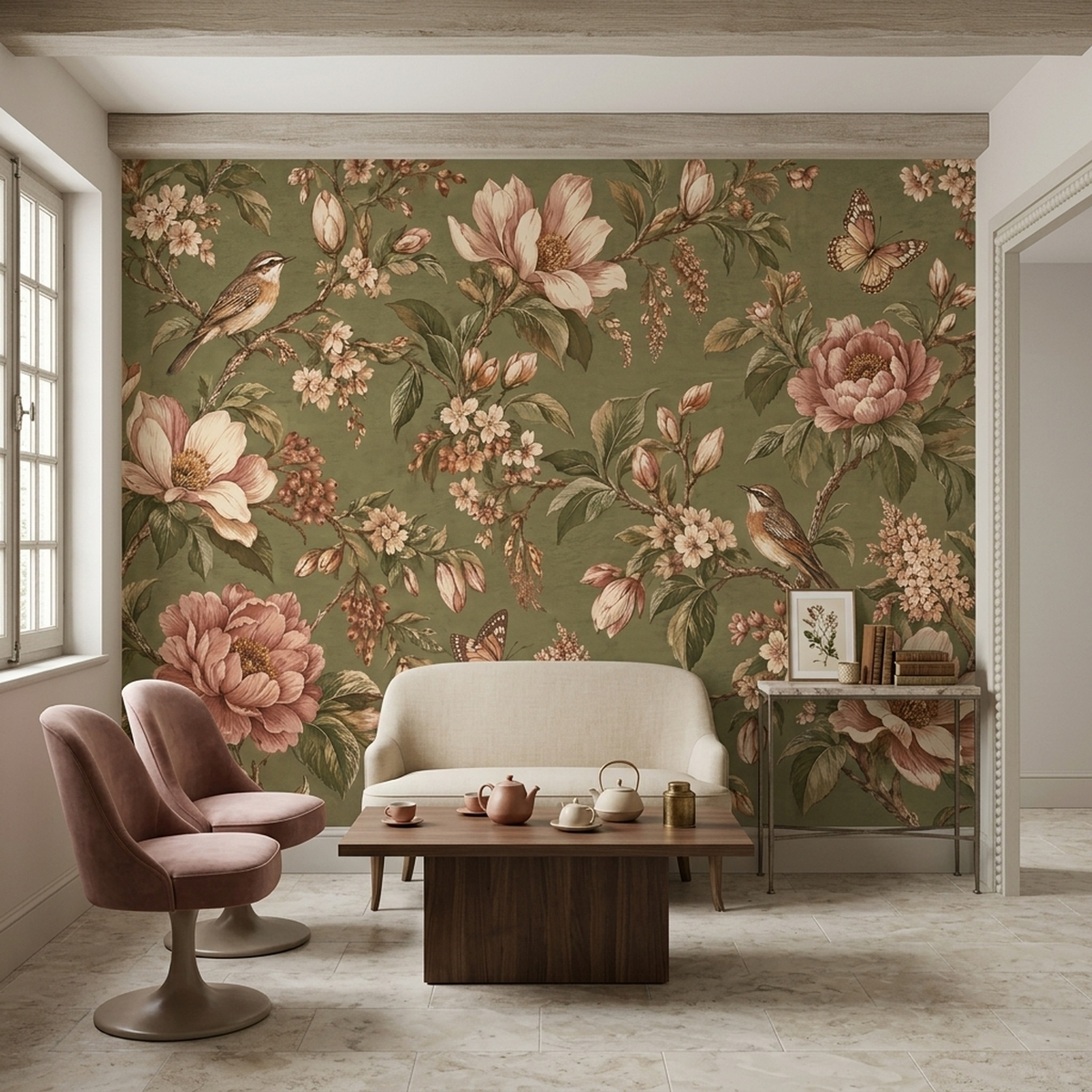 Vintage Songbird Garden Wall Mural with Blush Florals on Olive Green