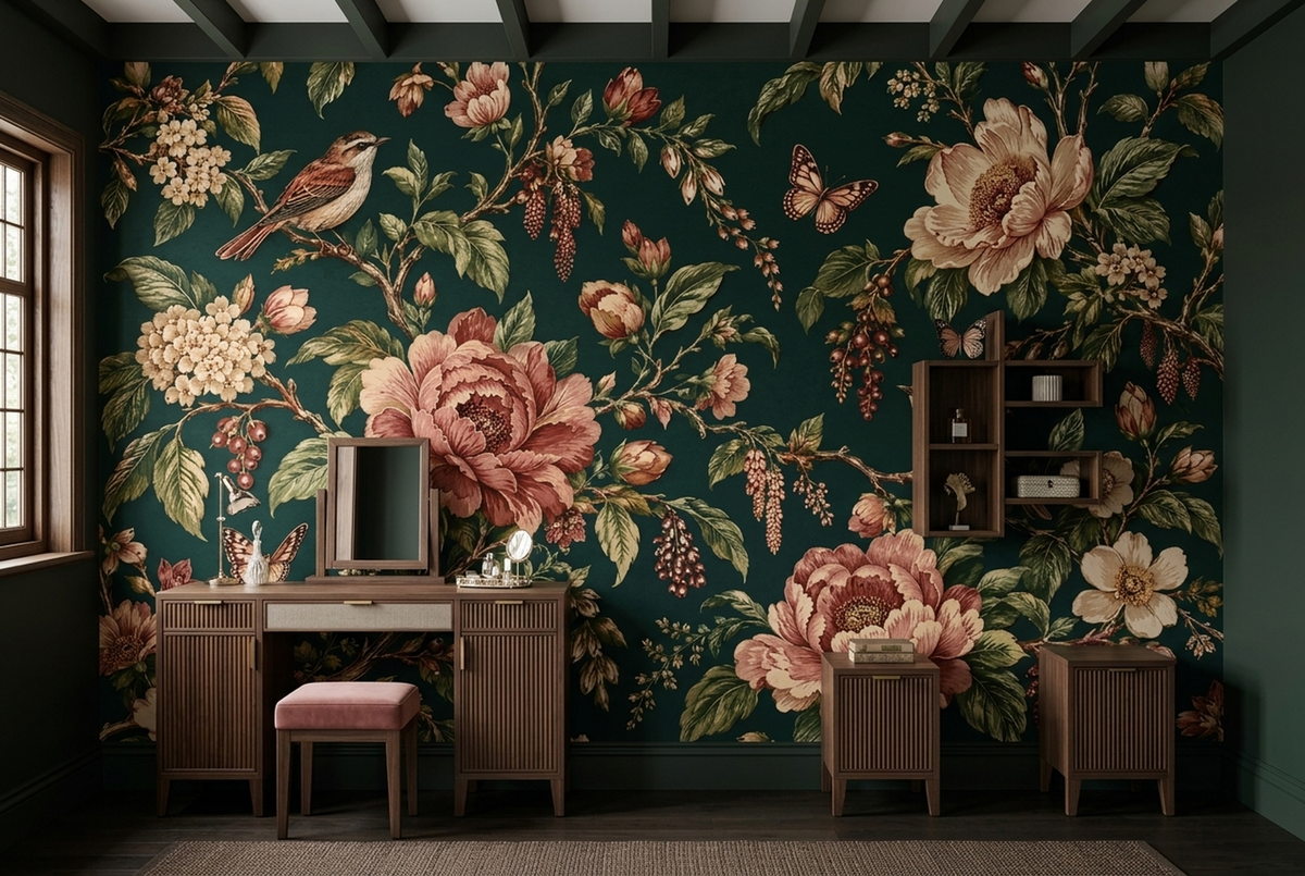 Dusky Rose Peony Wall Mural with Songbirds on Deep Teal