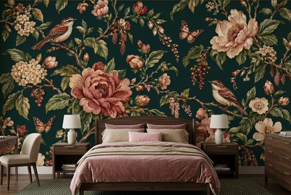 Dusky Rose Peony Wall Mural with Songbirds on Deep Teal