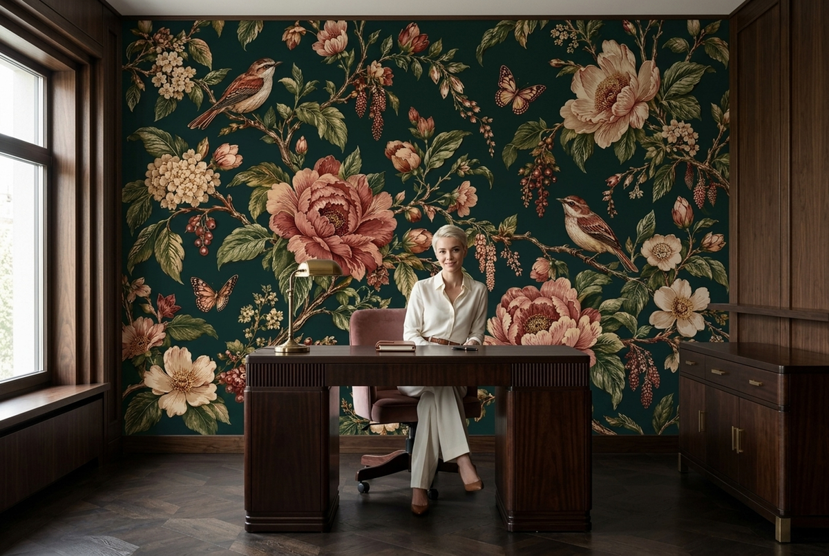 Dusky Rose Peony Wall Mural with Songbirds on Deep Teal
