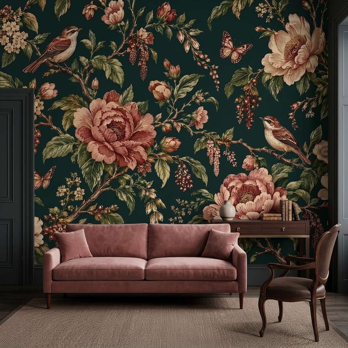 Dusky Rose Peony Wall Mural with Songbirds on Deep Teal