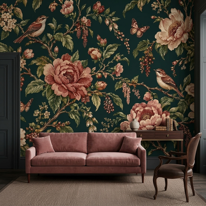 Dusky Rose Peony Wall Mural with Songbirds on Deep Teal