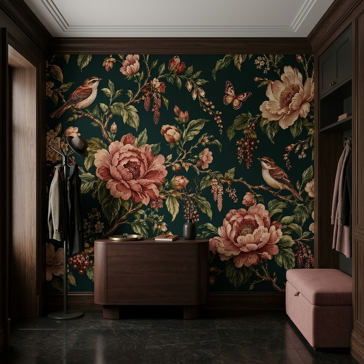 Dusky Rose Peony Wall Mural with Songbirds on Deep Teal