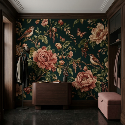 Dusky Rose Peony Wall Mural with Songbirds on Deep Teal