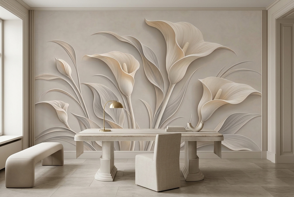 Embossed Look Calla Lily Wallpaper Elegant Neutral Wall Mural