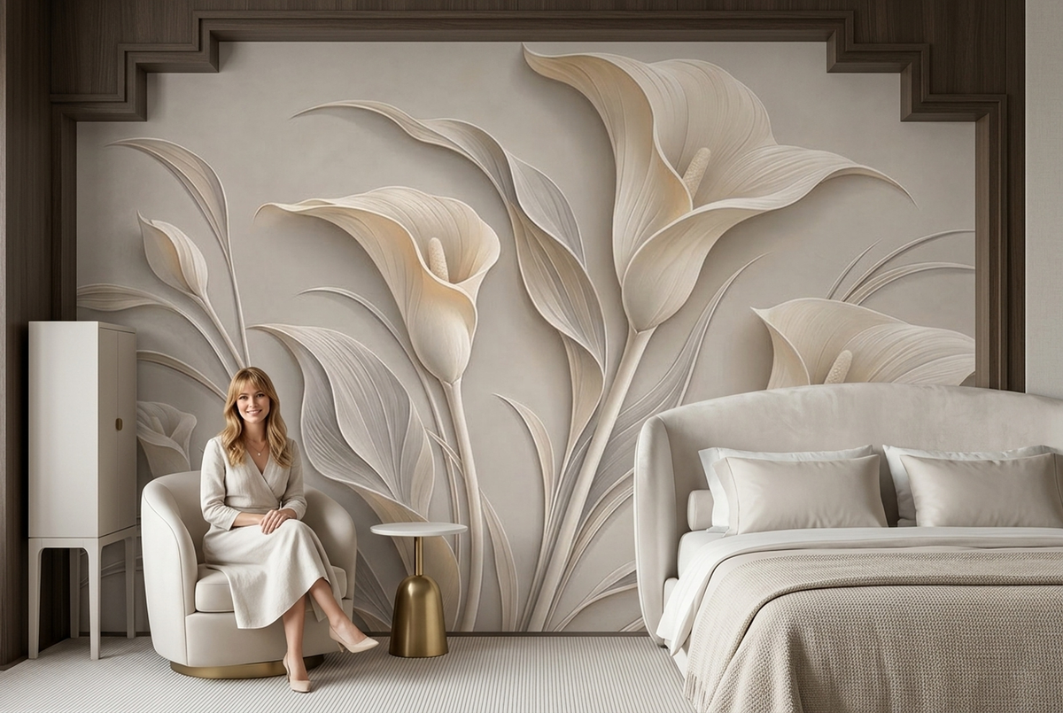Embossed Look Calla Lily Wallpaper Elegant Neutral Wall Mural