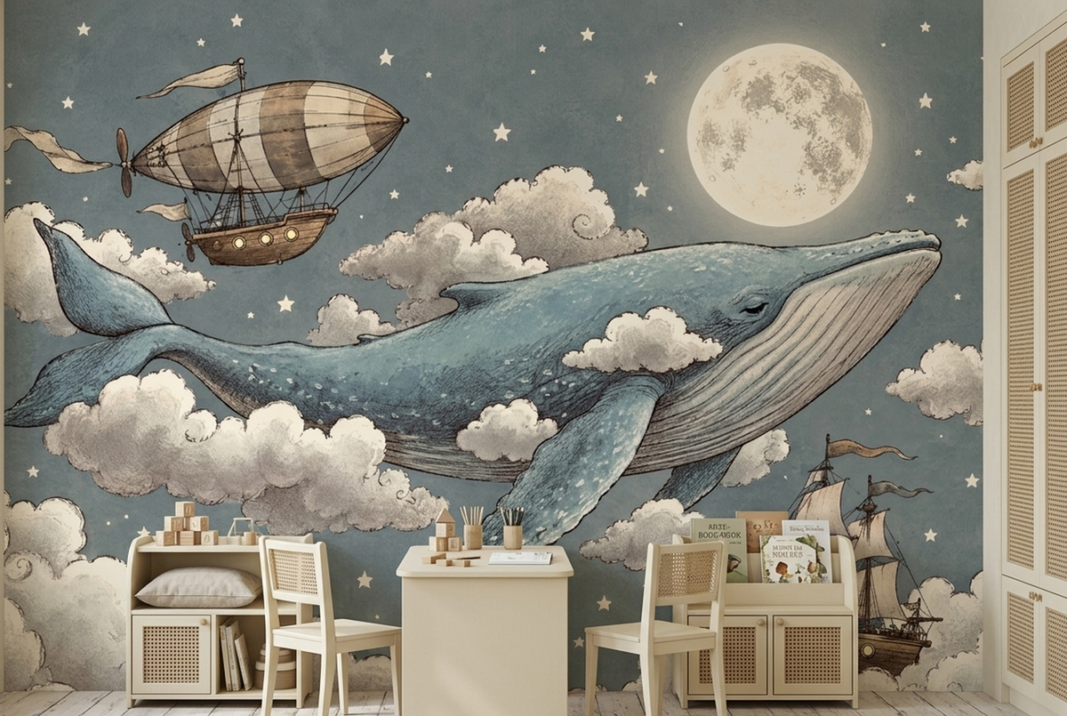 Moonlit Flying Whale Nursery Wall Mural
