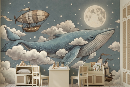 Moonlit Flying Whale Nursery Wall Mural