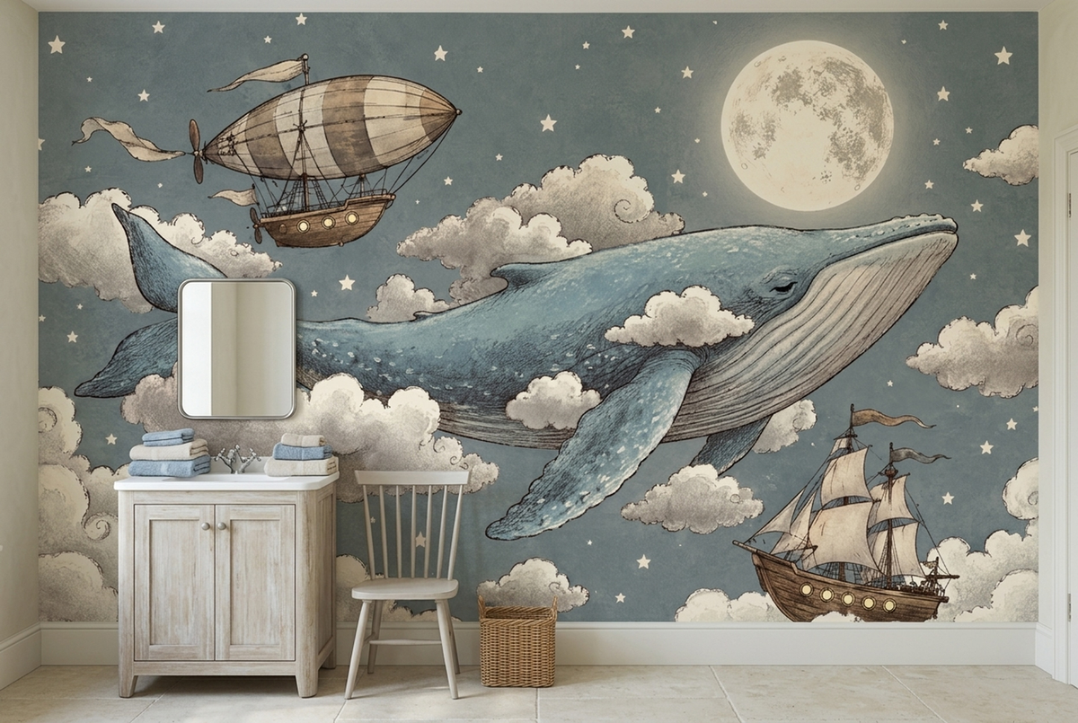 Moonlit Flying Whale Nursery Wall Mural