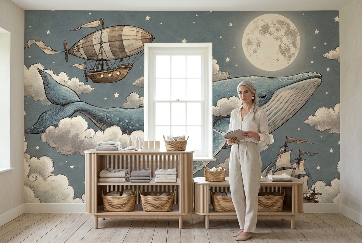 Moonlit Flying Whale Nursery Wall Mural
