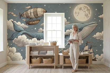 Moonlit Flying Whale Nursery Wall Mural