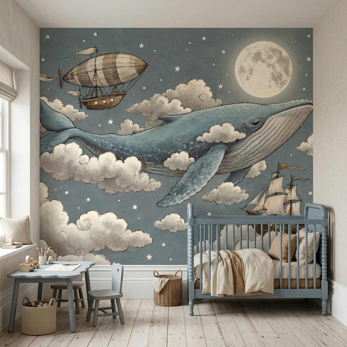 Moonlit Flying Whale Nursery Wall Mural