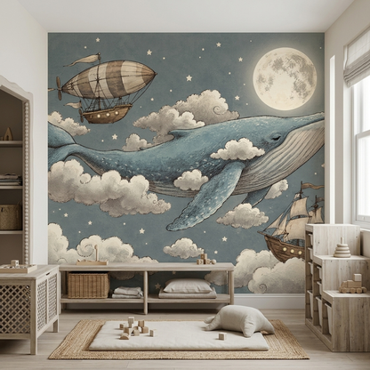 Moonlit Flying Whale Nursery Wall Mural