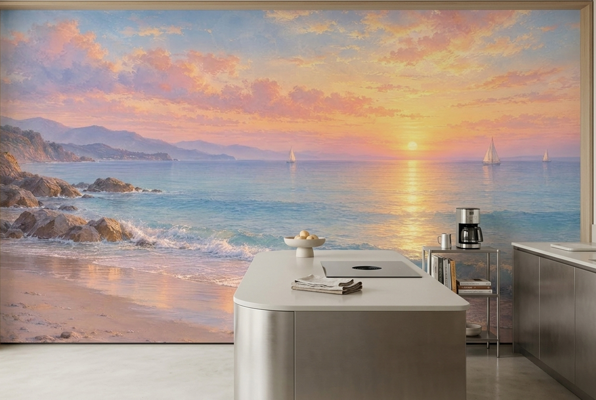 Sunset Over Sea Wallpaper Painted Shoreline Wall Mural