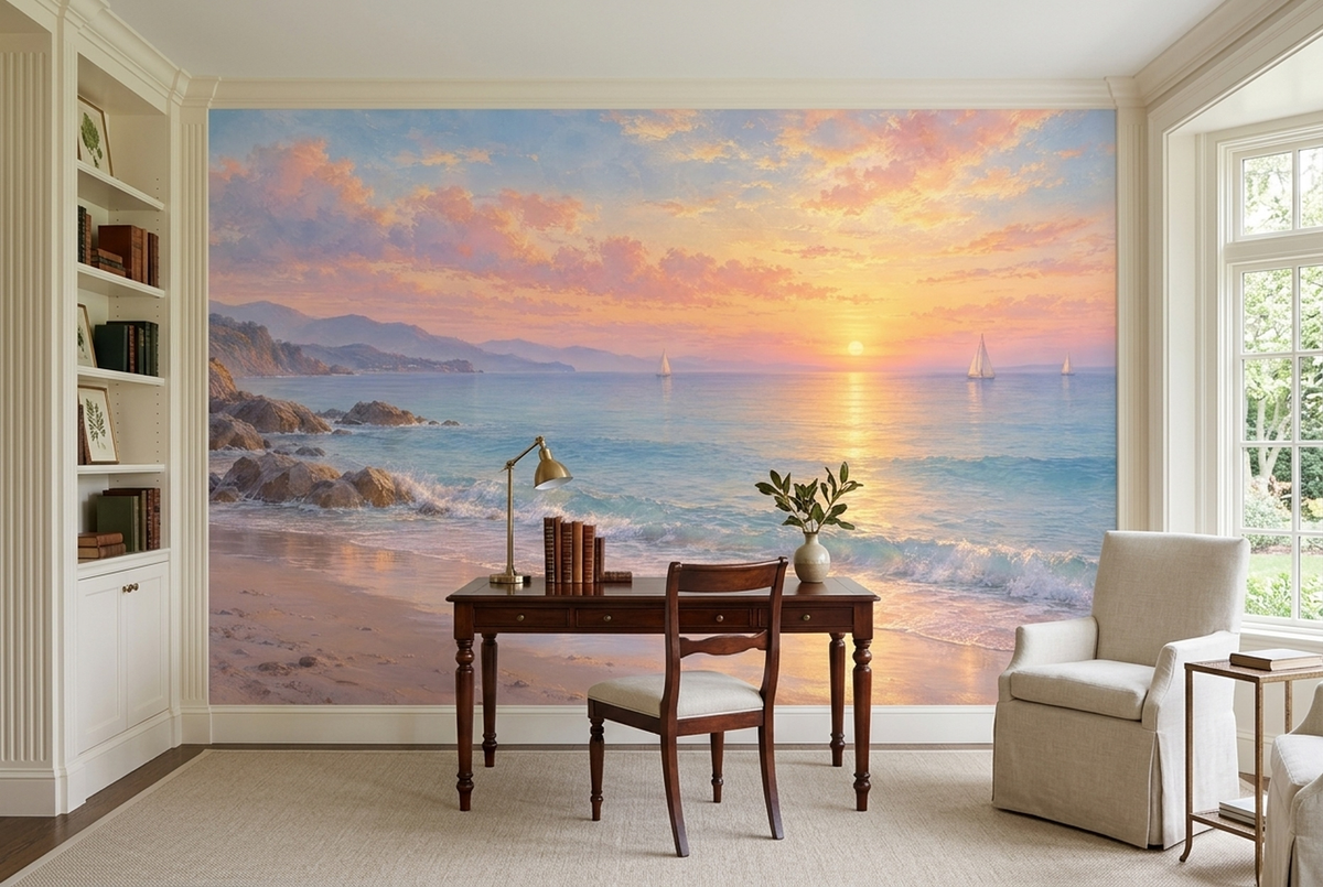 Sunset Over Sea Wallpaper Painted Shoreline Wall Mural