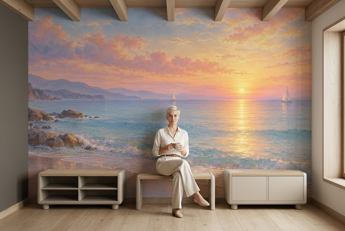 Sunset Over Sea Wallpaper Painted Shoreline Wall Mural